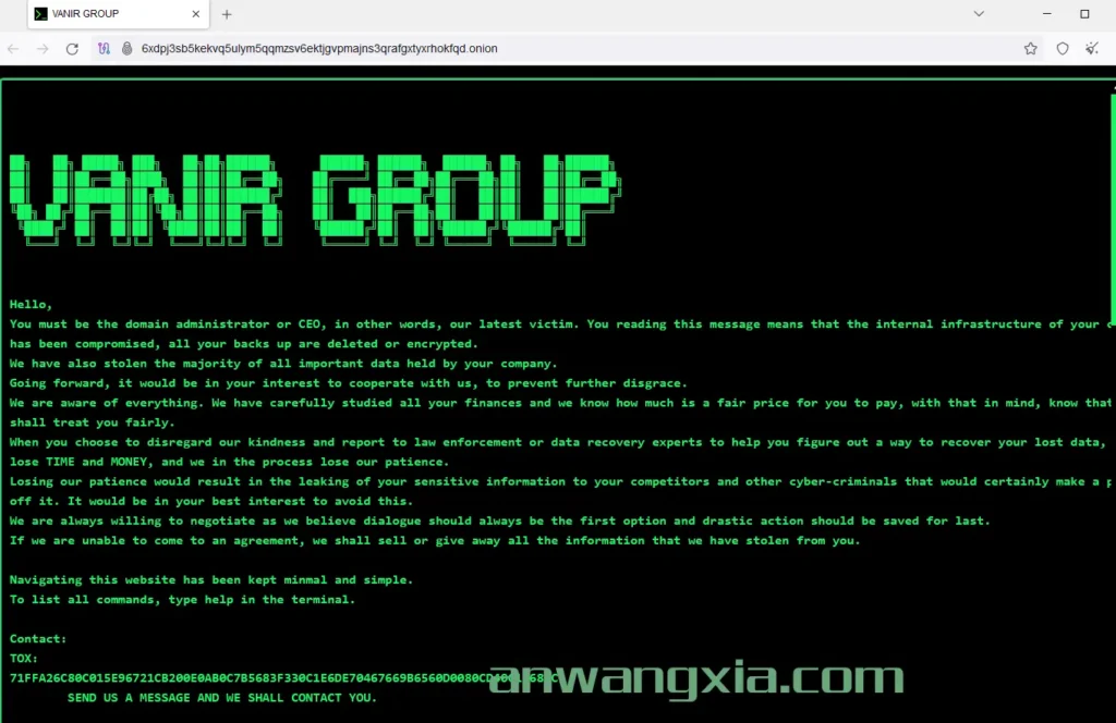 新出现的暗网勒索团伙Vanir Group公布了三个受害者,其中之一为中国企业