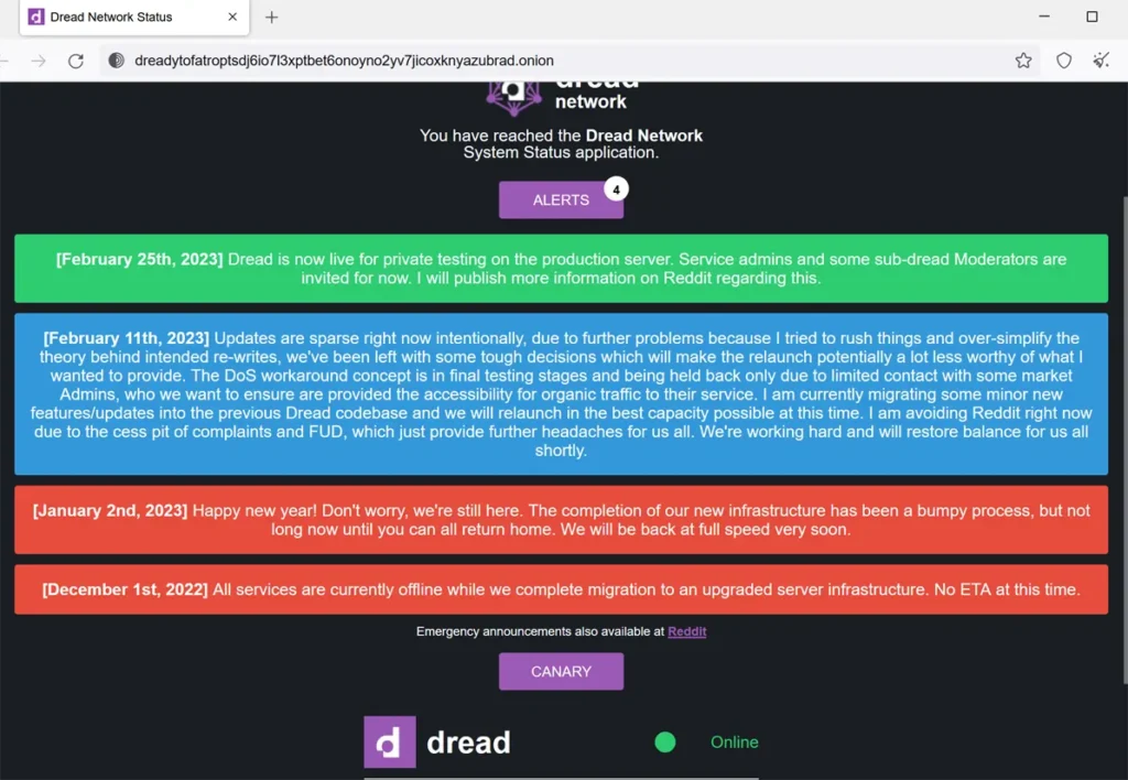 Dread论坛的管理员更新了公告,暗网网站状态已经是Online