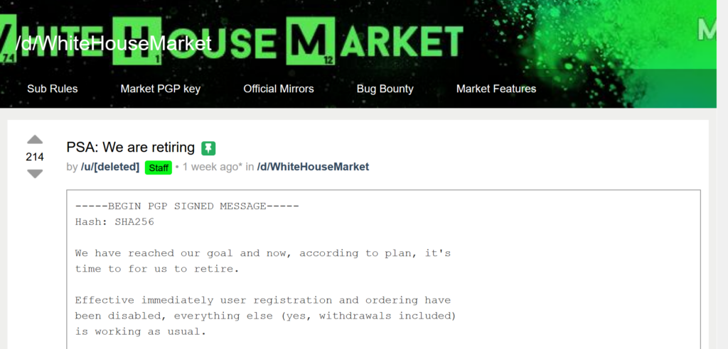 白宫暗网交易市场(White House Market)宣布将正式退休,管理员称已达到目标