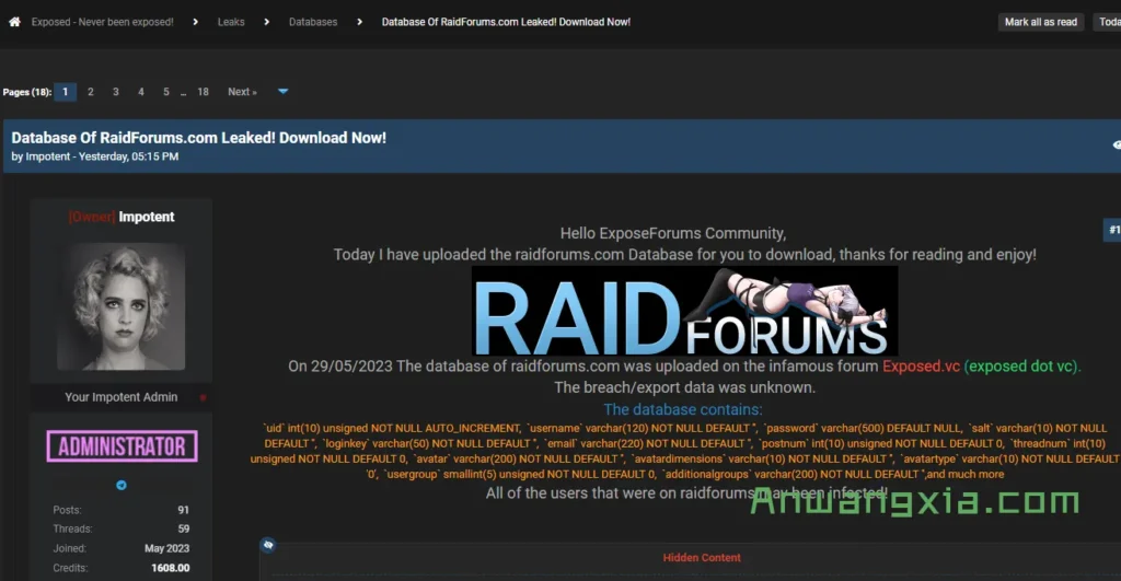 被美国司法部查封一年后,RaidForums的用户数据被泄露在Exposed论坛上