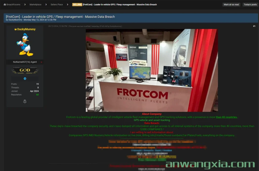 暗网黑客“DuckyMummy”宣布出售GPS跟踪解决方案提供商Frotcom的内部敏感数据