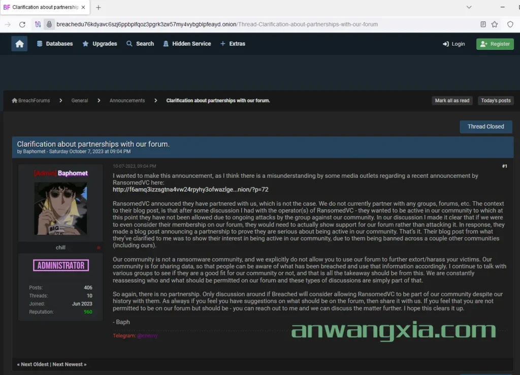 暗网勒索软件团伙Ransomed称正在与Breachforums合作,但Breachforums管理员Baphomet否认该说法