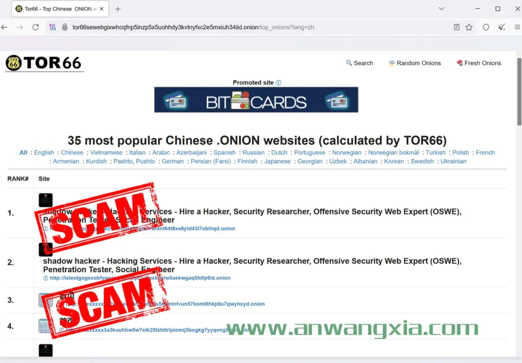 谨慎使用Tor66等大型暗网搜索引擎,搜出来的链接都是诈骗网站