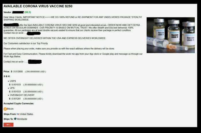 犯罪分子以新冠疫情为目标,在暗网上出售疫苗
