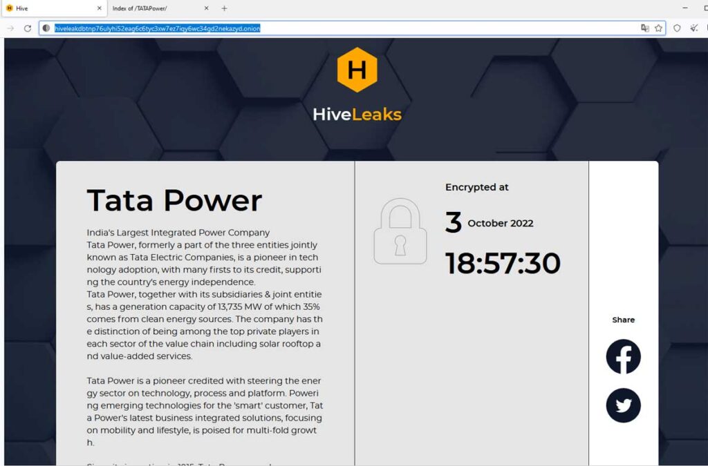 Hive勒索软件团伙声称对印度塔塔电力公司进行勒索软件攻击,数据泄露在暗网上