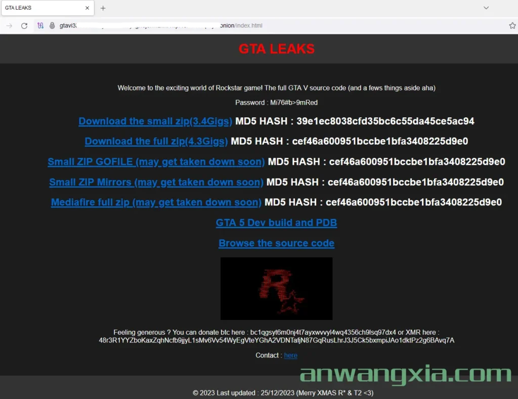 游戏公司Rockstar Games旗下游戏《GTA 5》源代码泄露,黑客开设暗网网站发布下载链接