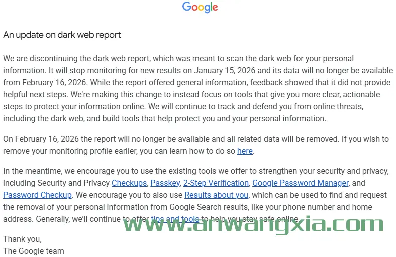谷歌已确认其免费的“暗网报告”功能将于2026年初停止服务