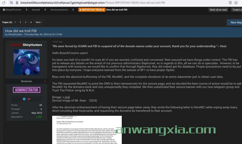 ShinyHunters发帖称自己戏弄了FBI,但网友依旧认为第三版BreachForums是FBI的蜜罐