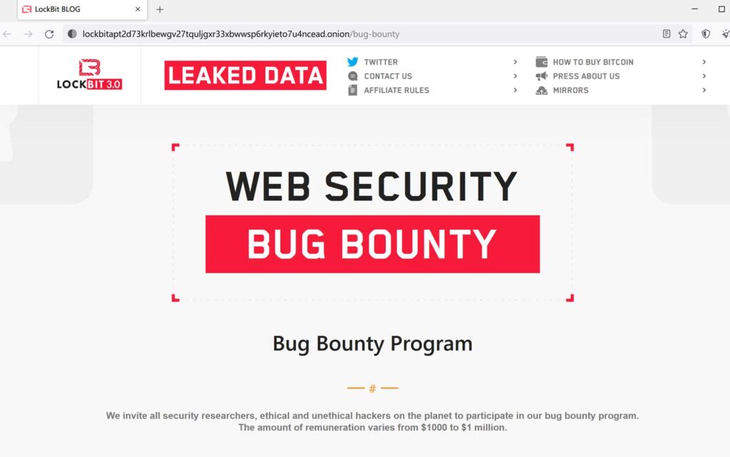 LockBit勒索软件组织发布“LockBit 3.0”,推出多个暗网镜像网站,引入第一个勒索软件漏洞赏金计划